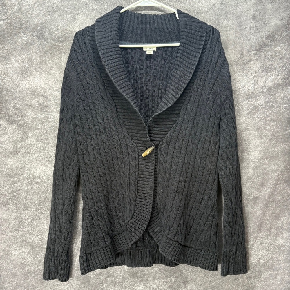 LL Bean Shawl Collar Cable Knit Cardigan Sweater Womens Size M Black Cotton